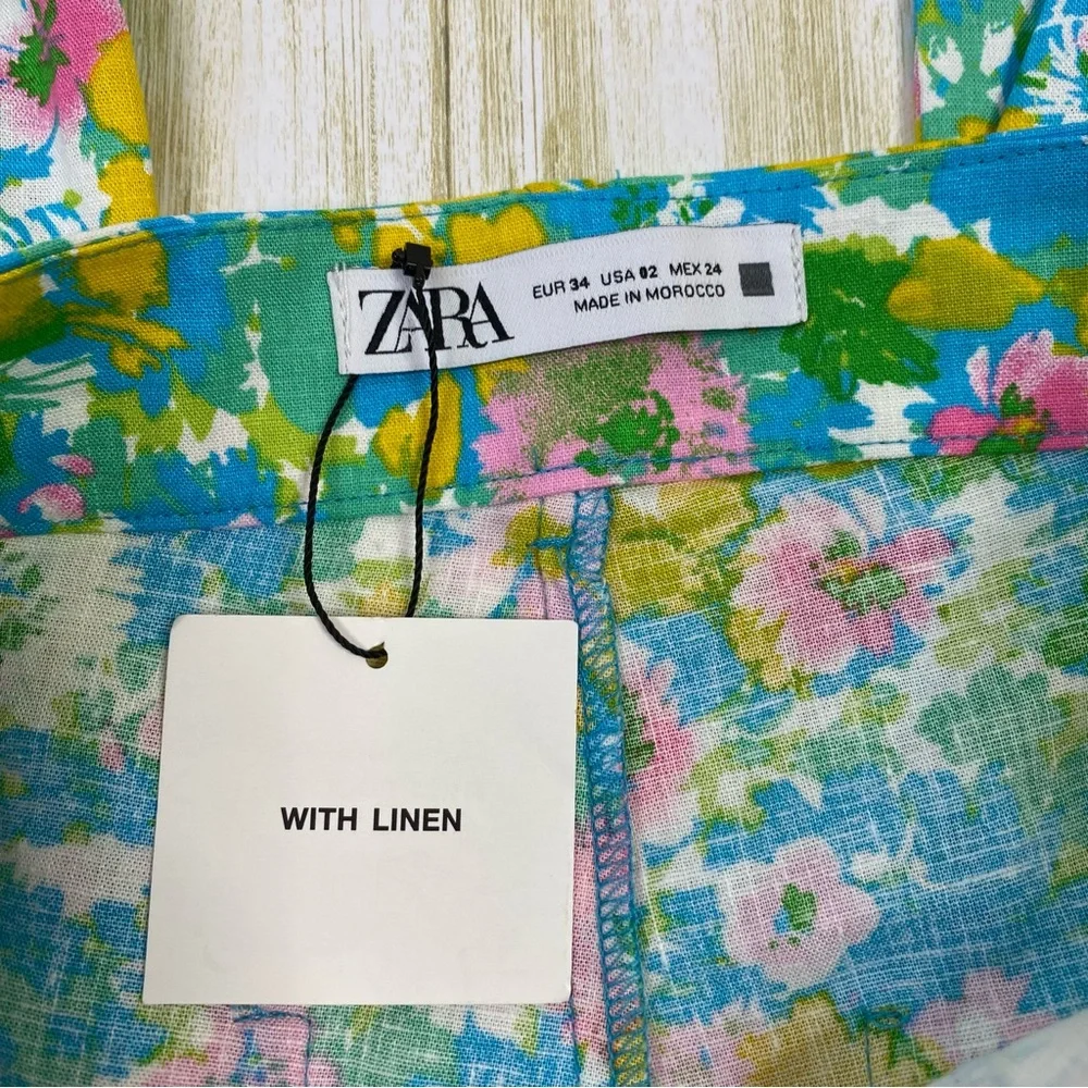 Zara Multicolor Floral Linen Blend Mini Flare Trouser Pants